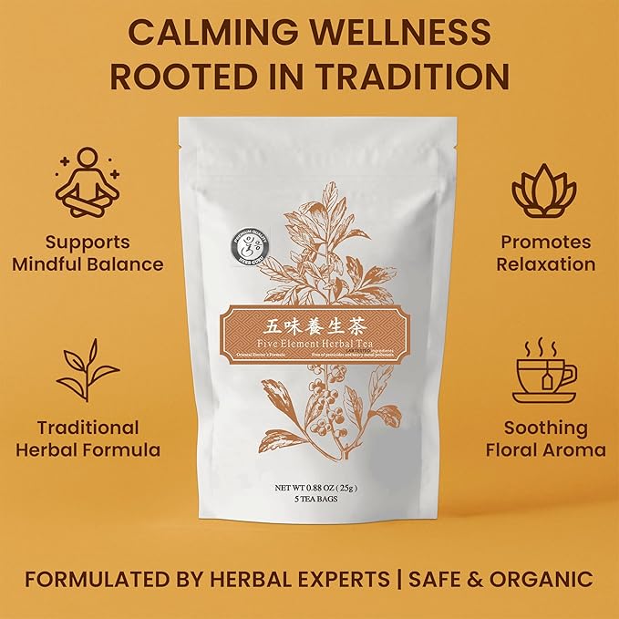 Five Element Herbal Tea Bags With American Ginseng, Chrysanthemum, Goji Berry, Jujube, And Citrus Peel | Herbal Blend For Immunity, Balance, And Vitality | 5 Count Wellness Tea Bags