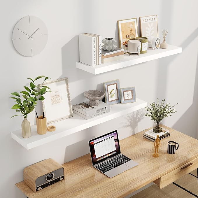 Fun Memories Floating Shelves, 9.3 Inch Deep Solid Pine Wood Wall Shelves for Storage, Rustic Wall Mounted Display Shelf with Invisible Heavy-Duty Metal Bracket, 48 Inch Width, White
