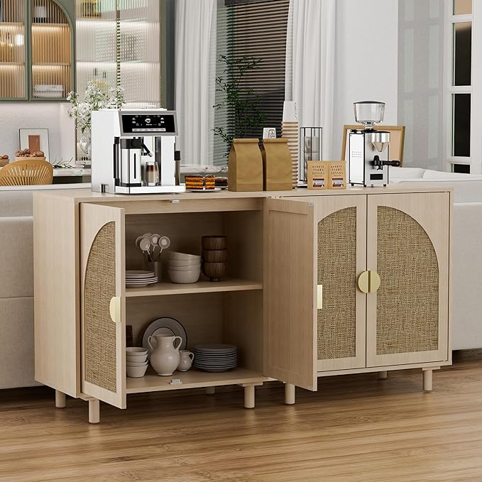 Small Buffet Cabinet with Storage, Credenza Cabinet with Rattan Decorated Doors, Magnetic Latch, Adjustable Shelf, 29.8x15.7x31.5 inches, Natural