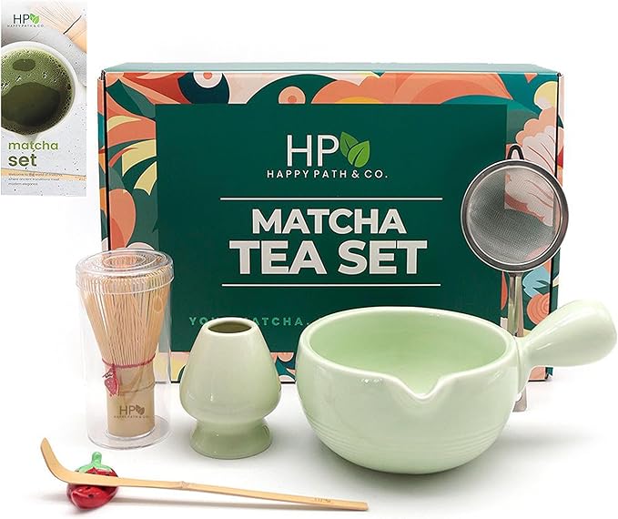 HAPPY PATH & CO Matcha Whisk Set – 6 Pcs Matcha Tea Set Includes Bamboo Whisk(Chasen) & Holder,Bowl with Spout,Sifter,Scoop & Stand | Matcha Making Kit - Perfect for Matcha Lovers(Mint Berry)