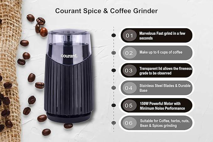Courant Electric Coffee Grinder One Touch, Coffee Bean and Spice Grinder, With Heavy-Duty Stainless Steel Blades Durable Base,150 Watt Powerful Motor, Black