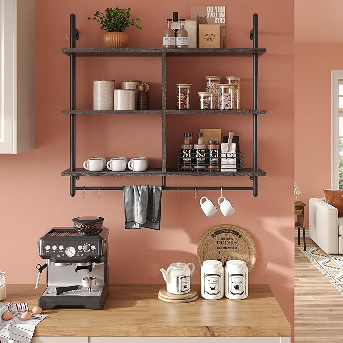 Bestier Kitchen Shelves Wall Mounted Floating Pipe Shelving 3 Tier 41.5" Coffee Bar Shelf with Holder, Wall Display Storage Rack Sundries for Kitchen Living Room, Charcoal Black