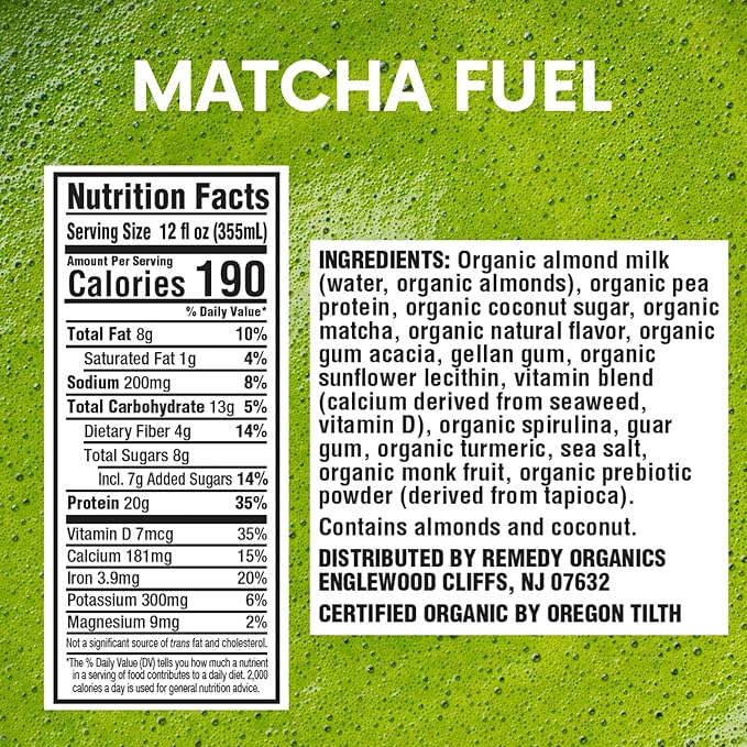 Remedy Organics Matcha Fuel 12-Pack | Plant Based 20g Protein Shakes, Ready to Drink | USDA Organic, Gluten Free, Dairy Free, Soy Free