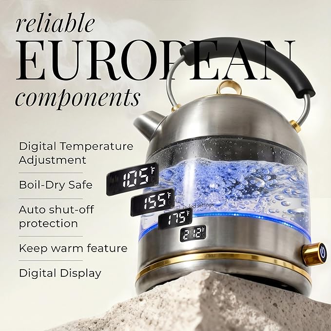 Stainless Steel Electric Kettle with Temperature Control - BPA and Plastic Free Electric Kettle with Keep Warm Function, Borosilicate Glass - Fast 1500W Hot Water Boiler, Auto Shut-Off