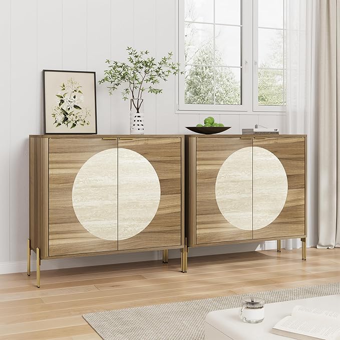 Modern Sideboard Buffet Cabinet, Wood Accent Cabinet with Faux Travertine Inlay & Gold Legs, Storage Cabinet for Dining Room, Living Room, Entryway