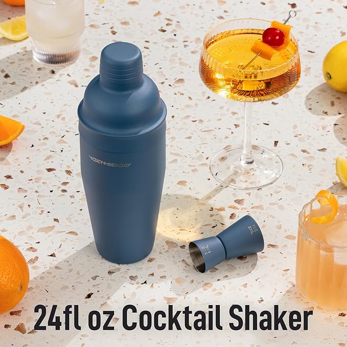 Mixology & Craft Matte Blue Bartender Kit – Cocktail Shaker and Jigger Set, 24oz Drink Mixer with Cap – Home Bar Tools for Mixing Cocktails, Martini, Margarita – Sleek Gift for Men & Women