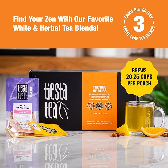 Tiesta Tea - Loose Leaf Herbal Tea Gift Box, Medium to Non-Caffeinated Assorted Blends, 3 Pouches for Hot & Iced Brews Variety Pack, Maui Mango, Nutty Almond Cream, and Pomegranatopia