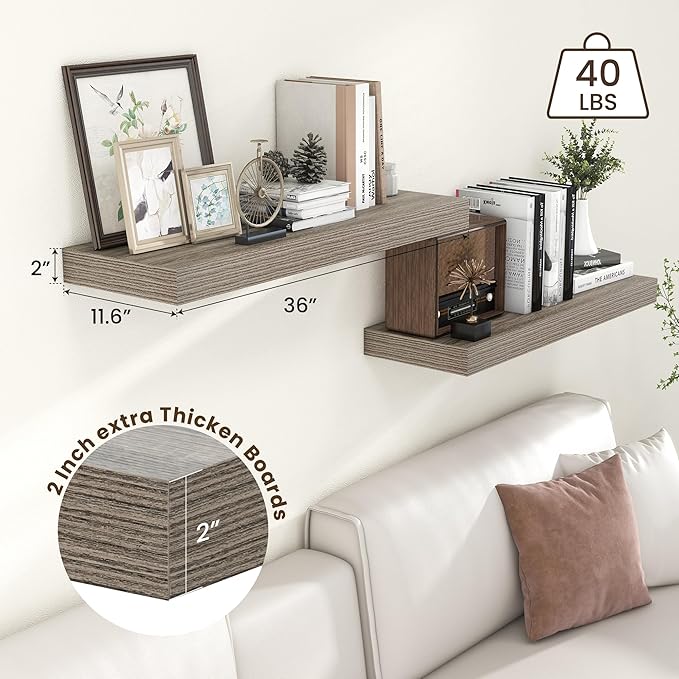 Deep Floating Shelves | 36 Inch Grey Floating Shelves Set of 2 | 12 Inch Deep Rustic Wood Shelves for Wall | 36" W x 12" D Grey Shelves for Living Room Bathroom Laundry Room Kitchen