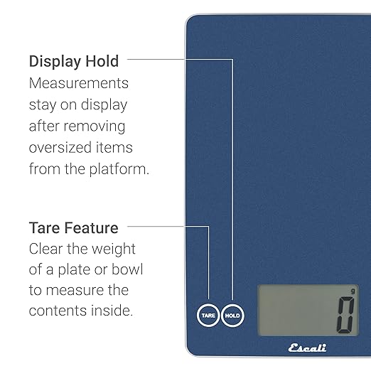 Escali Arti Glass Food Scale Digital Countertop Kitchen, Baking and Cooking Scale with Nutrition and Calorie Counter, 15-Pound Capacity, 9" x 6.5" x .75", Blue Mirage