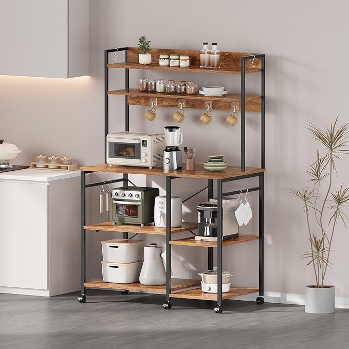 Kitchen Bakers Rack with Storage，Microwave Stand with Wheels，with Adjustable Shelves，Kitchen Shelves，Coffee Bar with 10 S-Shaped Hooks，35.4 * 15.8 * 61 Inches，Rustic Brown