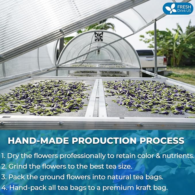 FreshDrinkUS, Premium 55 Tea Bags Blue Butterfly Pea Flowers, 100% Natural and Pure from Butterfly Pea Flowers, Made With Natural Material Tea Bag, No Sugar, No Caffeine, No Gluten, Vegan