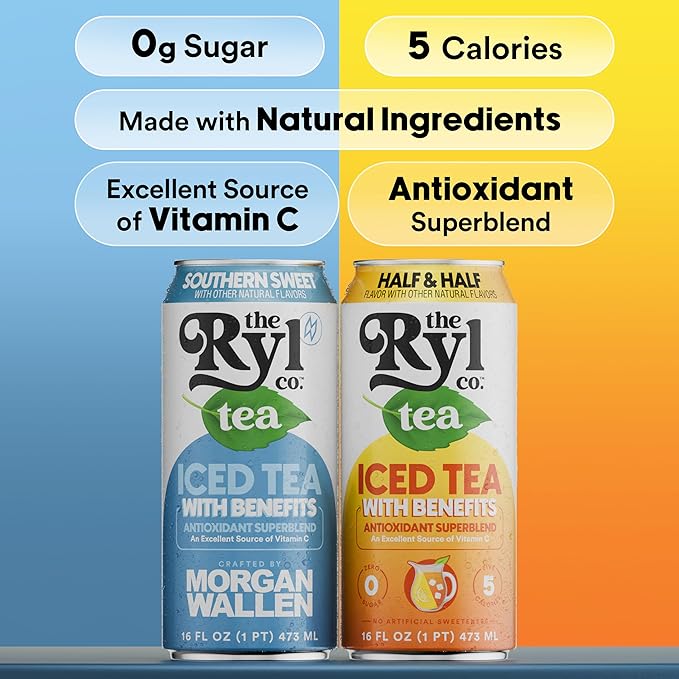 Ryl Iced Tea Front Porch Pack, Sweet Tea and Half N' Half – Antioxidant Superblend, No Artificial Ingredients, Zero Sugar, Five Calories, Low Carb, Non-GMO, Made in the USA, 12-Pack, 16 Fl Oz