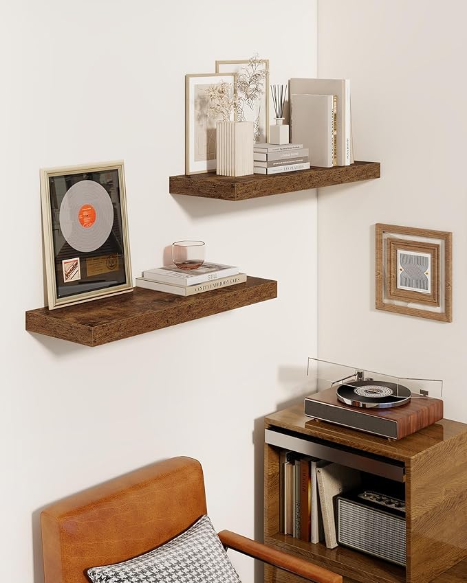 Marsmiles 40" Floating Shelves for Wall, Wooden Shelves with Invisible Brackets Set of 2, Rustic Farmhouse Wall Mounted Shelf for Kitchen Bathroom Living Room Study, Rustic Brown