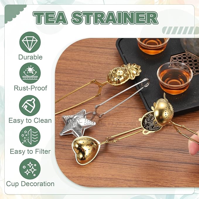 uxcell 2 Pcs Tea Infuser, Stainless Steel Loose Leaf Tea Infuser Filter for Cup and Teapot, Long Handle Tea Steeper Strainers for Tearoom Office Home, Teapot shaped, Golden