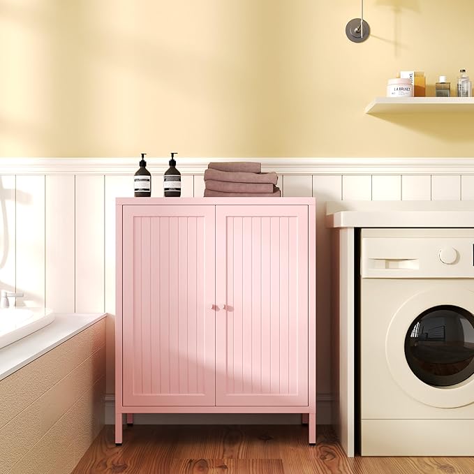 Small 2 Transparent Door Metal Storage Side Buffet Cabinet for Bed Room,Living Room,Entryway,Hallway,Home,Hotel,Office,Garage,Kitchen,1 Removable Shelf. (Striped Door, Pink)