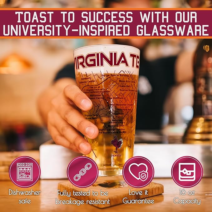 Greenline Goods – Virginia Tech University Hokies College Pint Beer Glasses (Set of 2), 16 oz – Full-Color Logo + Campus Map