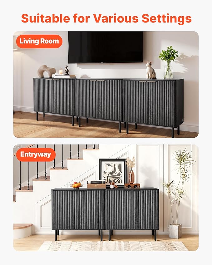VEVOR Buffet Cabinet, Sideboard Cabinet with 2-Tier Storage, Coffee Bar Cabinet with Adjustable Shelves, Fluted Sideboard Buffet for Hallway, Entryway, Living Room, or Kitchen, Black