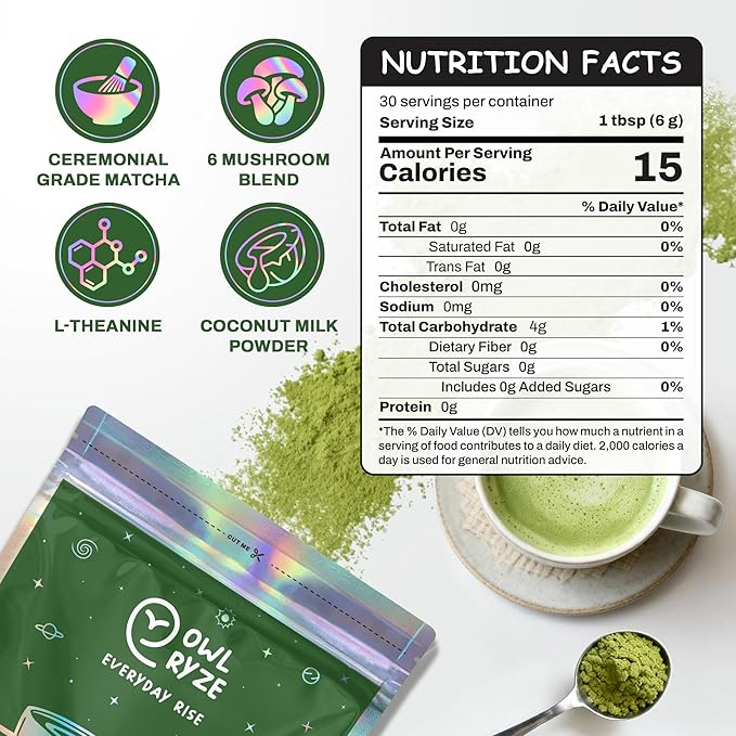 OwlRyze Mushroom Matcha Instant Zen Focus - Ceremonial Grade Matcha Power with 6 Functional Mushrooms, Lion's Mane, Cordyceps & L-Theanine for Calm Focus Energy, Immune Support - 100% Vegan, 30 Servings