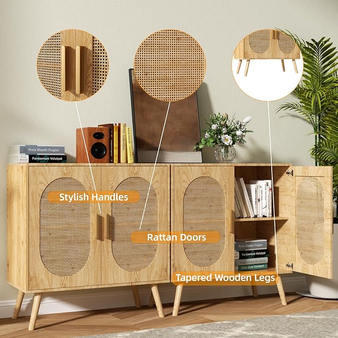 Modern Rattan Storage Cabinet with Doors, Wood Sideboard Buffet Cabinet for Living Room, Entryway, Dining Room (2-Door)