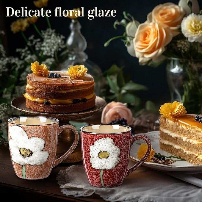 Maxdot 2 Pcs 12oz Ceramic Coffee Mugs Sets Glazing Process Cappuccino Mug Floral Ceramic Tea Cups Christmas Housewarming Idea Gift for Women Porcelain Cup for Coffee, Cocoa, Tea, Latte (Vintage)