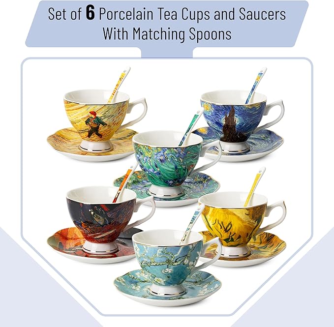 BTaT Porcelain Tea Cup Set - 6 Pieces, Includes Spoons, Perfect for Afternoon Tea