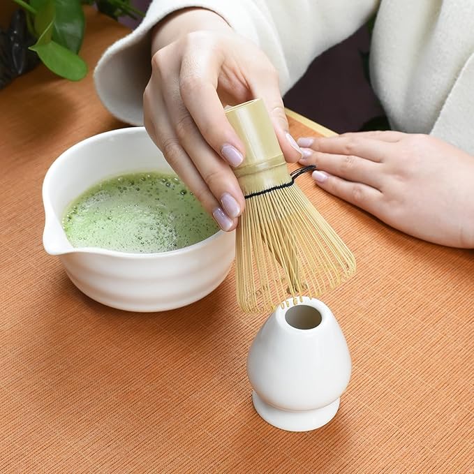 Artcome 7-Piece Matcha Tea Set - Complete Japanese Ceremony Kit with Bowl, Whisk, Scoop, Strainer & Guide, White