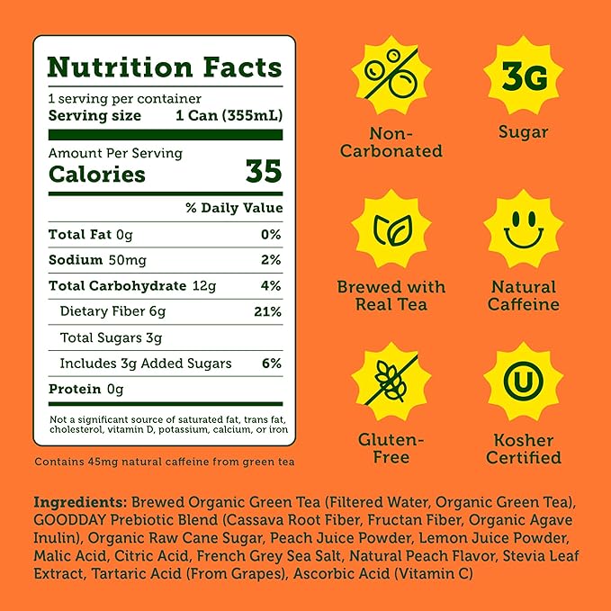 HALFDAY Prebiotic Peach Iced Tea Cans, Supports Digestive & Gut Health, 6g Plant Fiber & Prebiotics, 3g of Sugar, 35 Calories, Real Brewed Tea, Natural Caffeine, Gluten Free, Keto, 12 fl oz (12 pack)