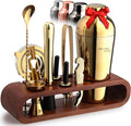 Mixology & Craft Bartender Kit: 10-Piece Cocktail Shaker Set with Dark Bamboo Stand | Complete at Home Bar Set with Bar Accessories | Great Housewarming Gift | Leak-Proof Design (Gold)