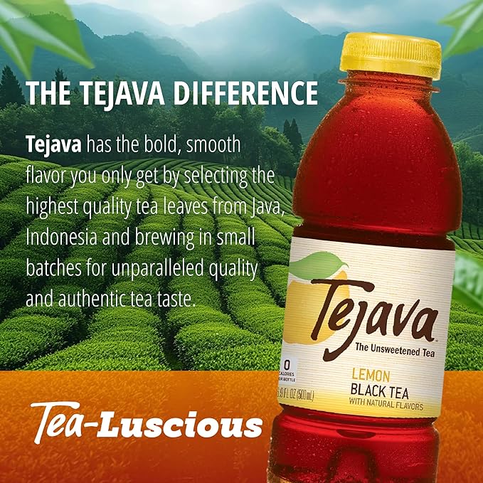 Tejava Lemon Black Iced Tea, 12 Pack, 16.9oz PET Bottles, Unsweetened, Non-GMO, Kosher, No Sugar or Sweeteners, No calories, No Preservatives, Brewed in Small Batches