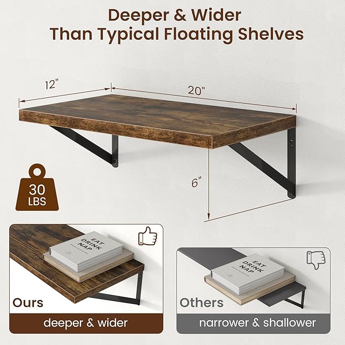 Axeman Deep Floating Shelves - 20 Inch Floating Shelves Set of 2-12 Inch Deep Brown Wood Wall Shelves for Living Room Bathroom Kitchen