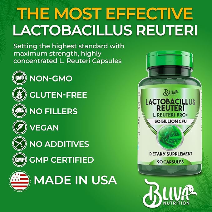 BLIVA Lactobacillus Reuteri Capsules – L Reuteri - 50 Billion CFU per Serving - Highest CFU Count L Reuteri Supplement - 90 Capsules