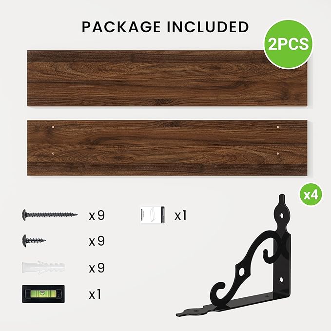 RICHFOCUS Floating Shelves for Wall Decor, 39.4W x 8D Shelves Set of 2, 8 Inch Deep Rustic Wood Shelves Wall Mounted with Brackets, Long Floating Shelves for Living Room Bedroom Kitchen, Walnut
