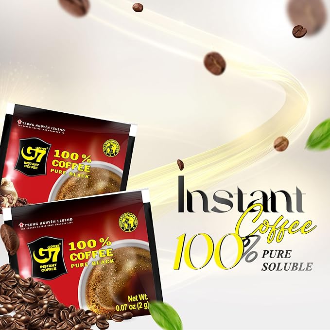 TRUNG NGUYEN G7 PURE BLACK Instant Coffee for Energy Boost - 100% Soluble Coffee Without Sugar - Strong, Pure & Rich Vietnamese Instant Energy - Original Taste for Connoiseurs (100 Sachets/Bag)
