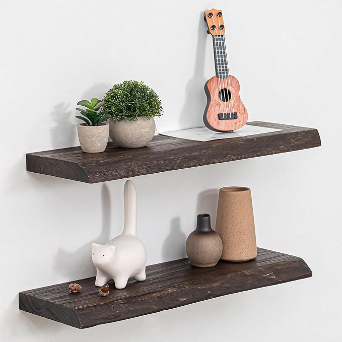 Fun Memories Floating Shelves for Wall Set of 2, Rustic Solid Elm Wood Wall Shelves 24 Inch - Invisible Bracket Mount for Living Room, Bathroom, Bedroom, Kitchen, Natural