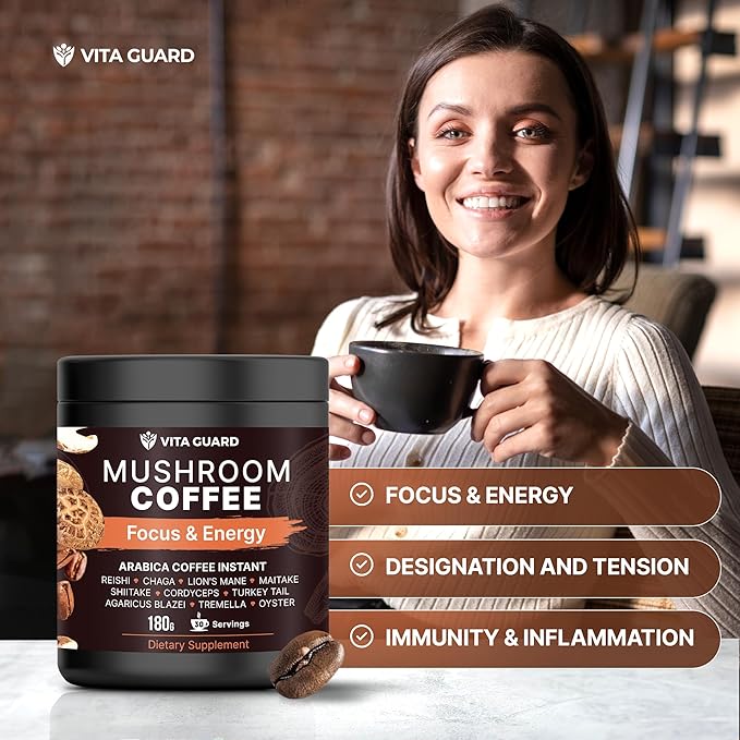 Vita Guard 10 Mushroom Coffee Instant Blend – Lion’s Mane, Cordyceps & Reishi – Premium Arabica with Coconut Powder – Focus, Energy & Immune Support | Cafe de Hongos – Rich & Smooth Adaptogenic Coffee