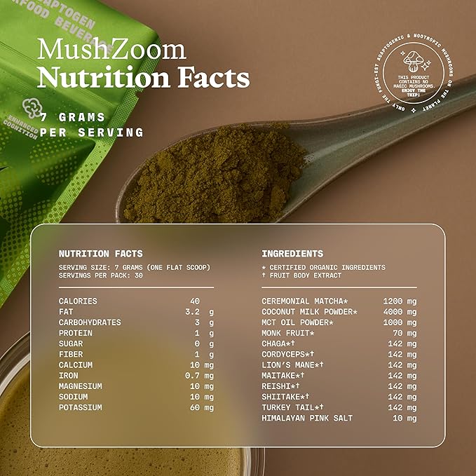 Ultra Life Sport - Mush Zoom - Energizing Coconut Matcha Focus & Vitality Blend - 30 Servings, Organic Mushroom Powder Drink - 7 Mushrooms Supplement Complex - Coconut Matcha Flavor, 100% Vegan