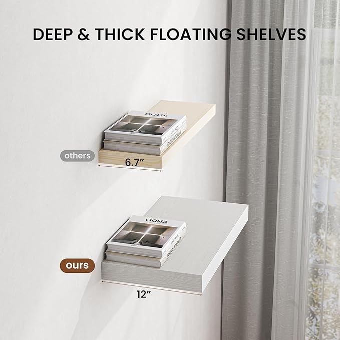 Dreamland 24" Floating Shelves for Wall, 12" Deep Thicker White Floating Shelves, Wall-Mounted Shelves for Bedroom, Living Room, Kitchen, Bathroom - Set of 2