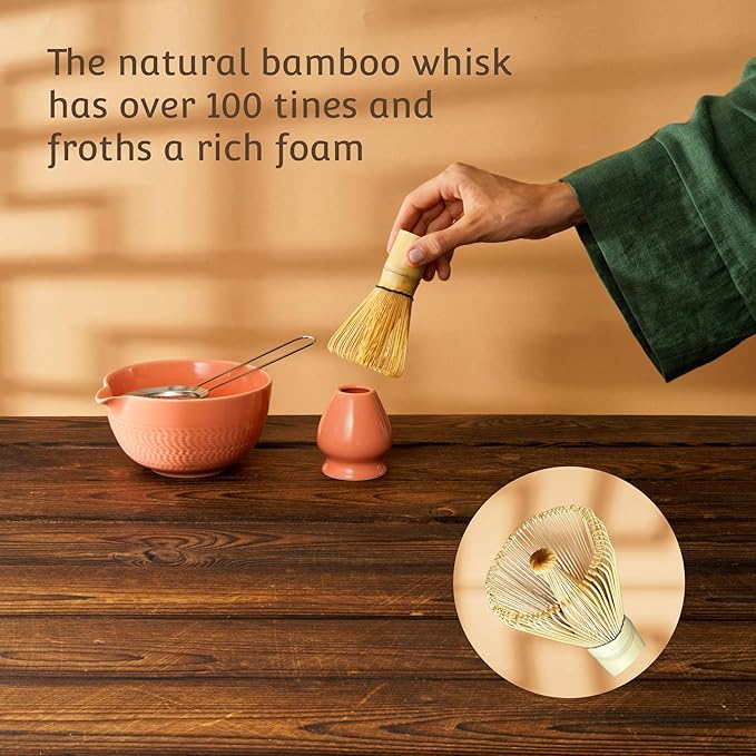 Matcha Whisk Set, Ceramic Bowl with Spout, Bamboo Whisk, Ceremonial Matcha Powder, Recipe Guide, Sifter, Holder, Scoop, Matcha Kit for Tea Lovers, Gift Box (Salmon Pink)