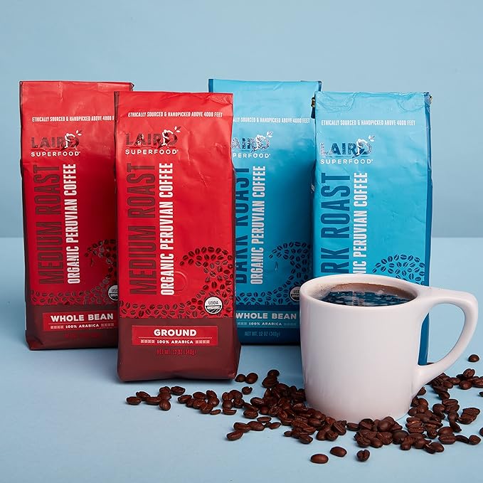 Laird Superfood Peruvian Medium Roast Caffeinated Ground, Ethically Sourced Premium Ground Coffee, Gluten-Free, Dairy-Free, Non-GMO, Paleo, Keto Friendly, 12 oz. Bag