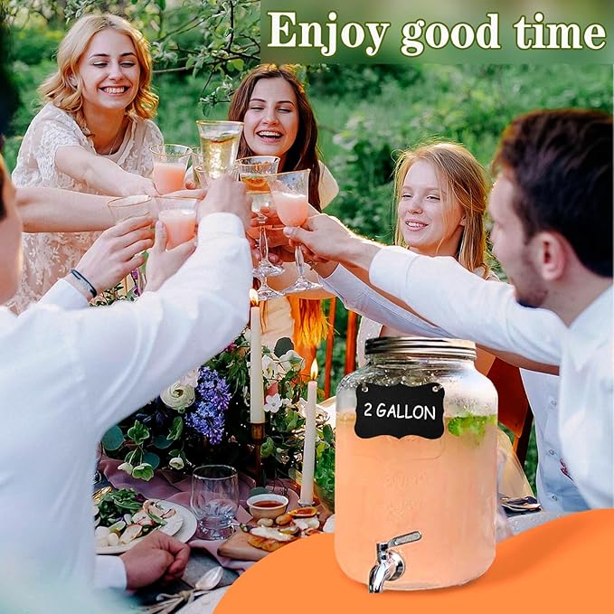 2 Gallon Drink Dispensers for Parties with18/8 Stainless Steel Spigot and Stand, Juice Jug Beverage Dispensers Glass Water Dispenser Lemonade Dispenser Sun Tea Glass Jar for Outside