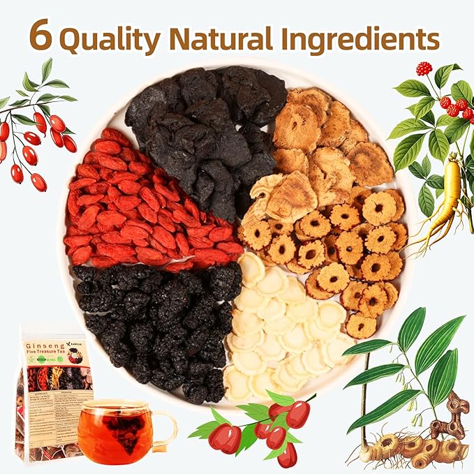 Ginseng Five Treasures Tea - 6 Precious Herbs Kidney Cleanse & Detox Tea, Traditional Chinese Organic Herbal Blend with Ginseng, Goji, Red Date for Men & Women (30 Bags)