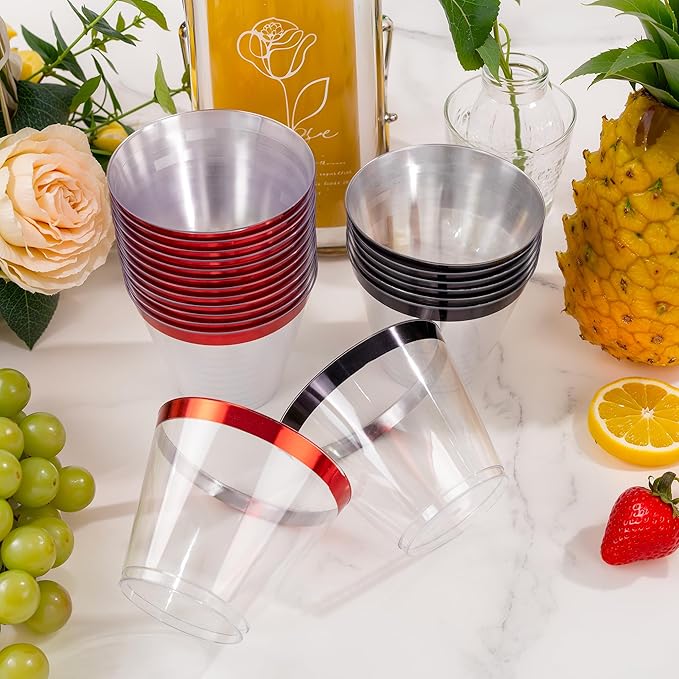 WELLIFE 120PCS Black and Red Cups,9 OZ Clear Plastic Cups,Plastic Cocktail Glasses,Disposable Wine Glasses for Parties(60 Red, 60 Black)