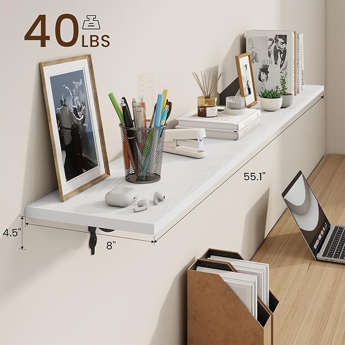 RICHFOCUS Floating Shelves for Wall Decor, 55.1W x 8D Shelves Set of 2, 8 Inch Deep Rustic Wood Shelves Wall Mounted with Brackets, Long Floating Shelves for Living Room Bedroom Kitchen, White