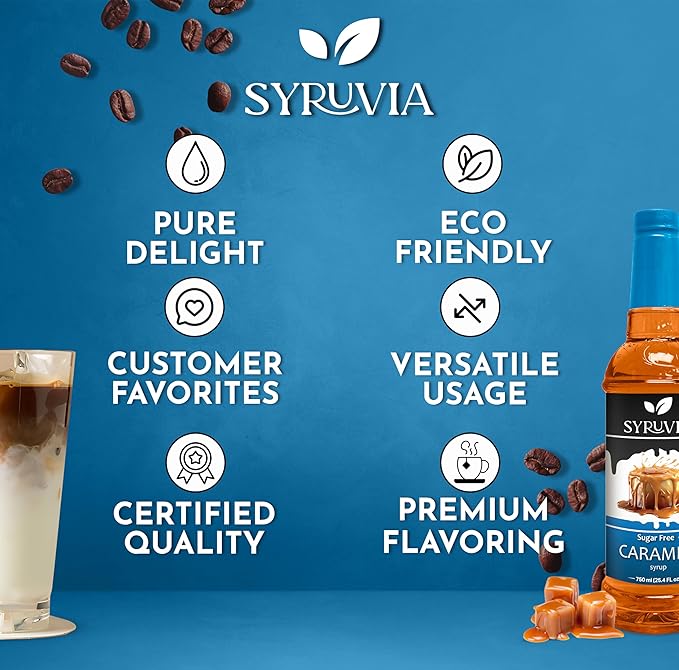 Syruvia 4 Pack Sugar-Free Caramel Coffee Syrup – 25.4 fl oz - Syrup for Coffee, Lattes, Shakes, Smoothies, Desserts – 100% Vegan, Gluten Free, Kosher – No-Calorie Coffee Syrup