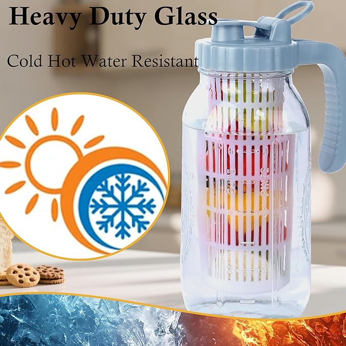 64 Oz Glass Pitcher With Infuser Lid Half Gallon Mason Ja Fruit Infused Cold Hot Water Pitcher 2 Quart Wide Mouth Sun Tea Jar For Outside For Fridge Lemonade, Beverage,Milk,Juice, Cold Brew Container