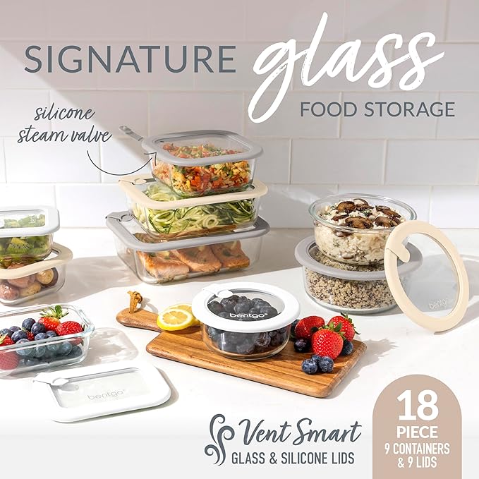 Bentgo Signature Leak-Proof Glass Food Storage - 18-Piece Set, 1-Compartment Plastic-Free Containers with Airtight Glass Lids, BPA-Free, Microwave, Freezer, Oven & Dishwasher Safe (White Stone)