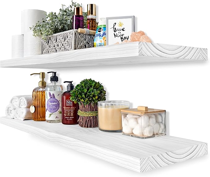 Sorbus 35" White Wood Floating Shelves - Set of 2, Solid Pine, Wall Mounted, Rustic Style, Bathroom & Living Room Decor