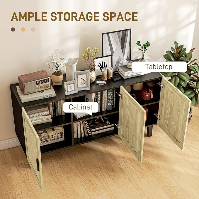 HOMCOM Boho Sideboard Buffet Cabinet, Coffee Bar Cabinet with 3 Rattan Doors and Adjustable Shelves for Kitchen, Living Room, Black and Natural