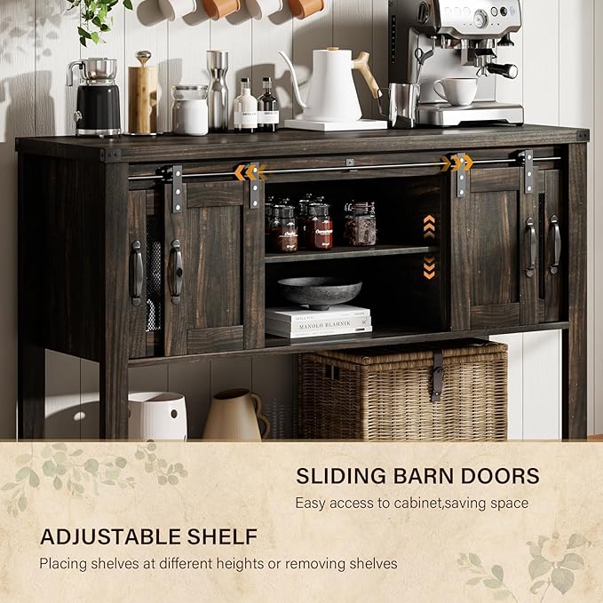 4ever2buy Farmhouse Coffee Bar Cabinet with Storage, 47'' Coffee Bar Table with Sliding Barn Door, Buffet Cabinet with Metal Mesh Doors, Console Table with Bottom Open Shelf, Brown