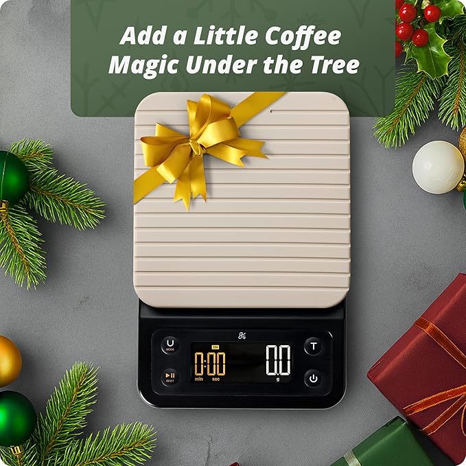 Greater Goods Digital Coffee Scale with Timer – Accurate 0.1g Precision, Multi-Color Display, Waterproof & Heat-Resistant Cover, for Pour-Over, Espresso, French Press, and Kitchen Use (Birch White)